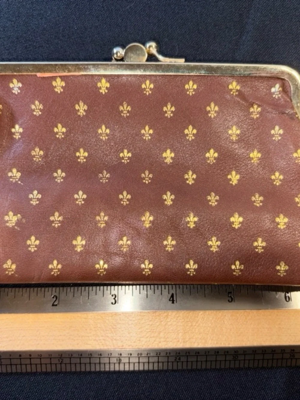 Vintage Arte Fiorentina Coin Purse Brown Gold Fleur-de-Lis Kiss Lock Small EUC